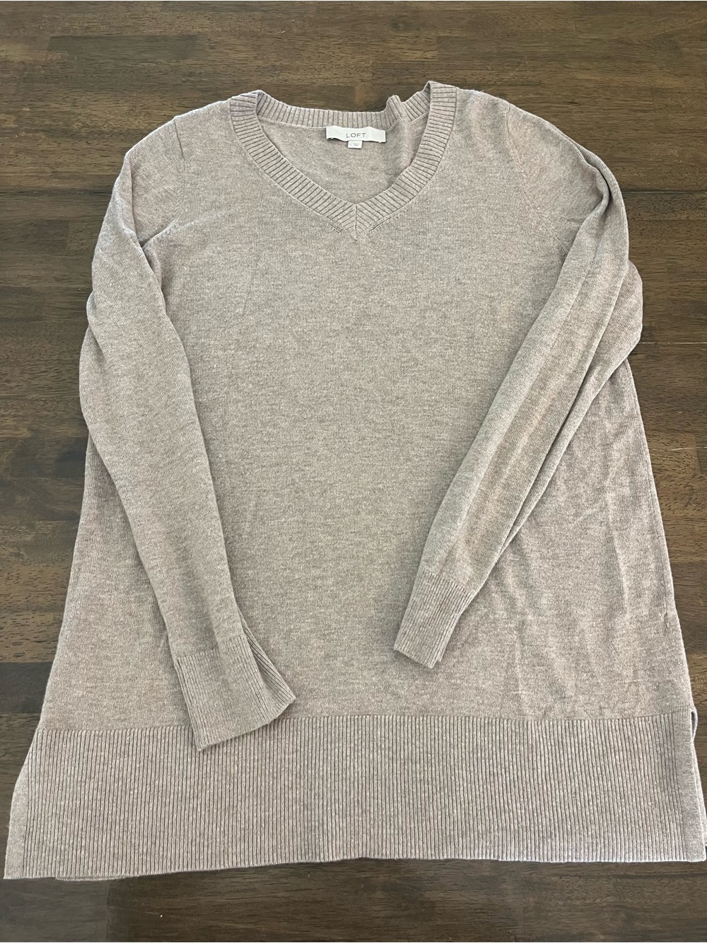 LOFT Womens V-Neck Longline Sweater in Taupe Heather Tunic Long Sleeves Sz Large